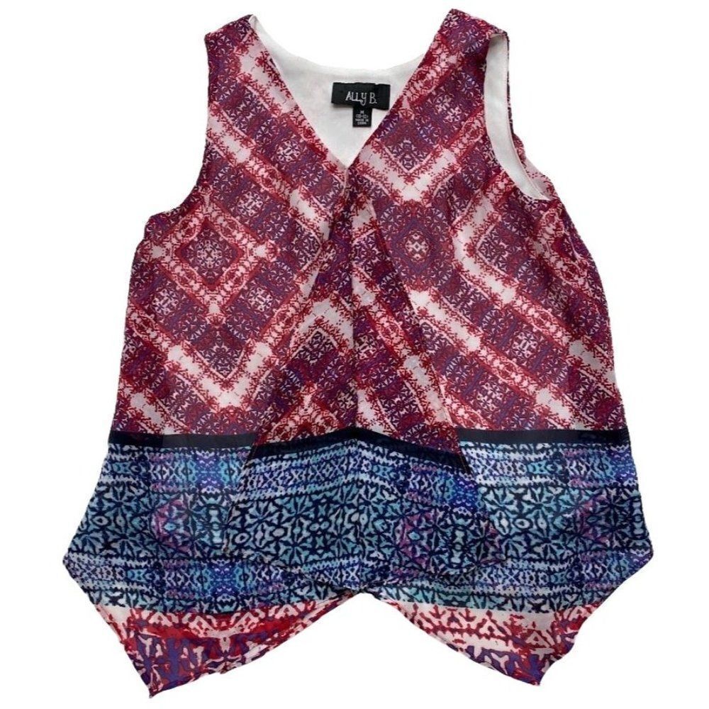 Ally B Girls Red Blue Sleeveless Handkerchief Hem‎ Top Sz 10 12 Medium